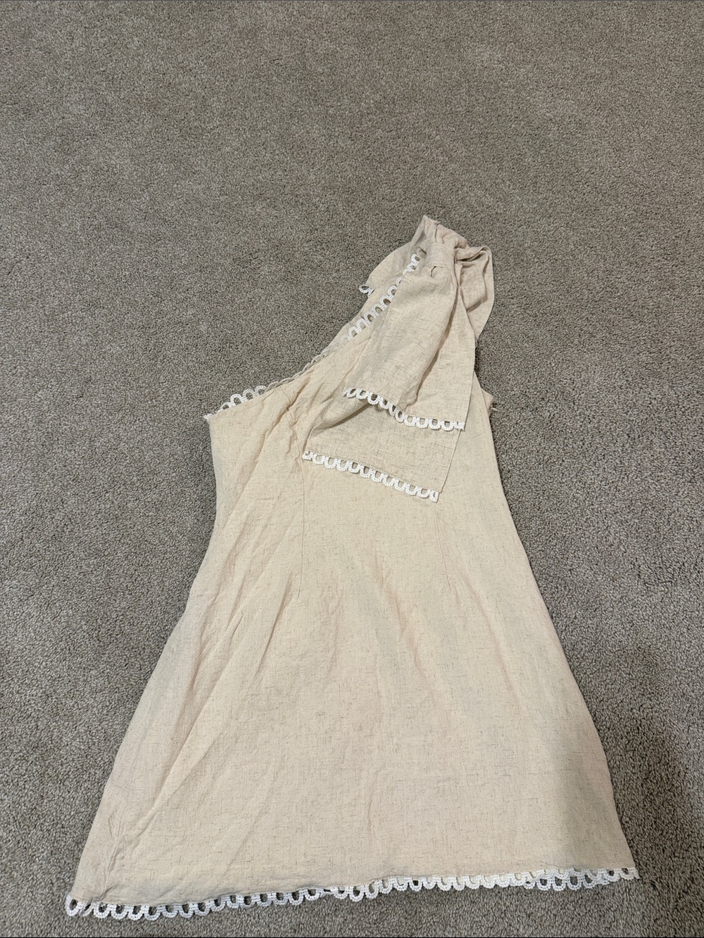 One-Shoulder Cream Linen Blend Dress with Lace Trim